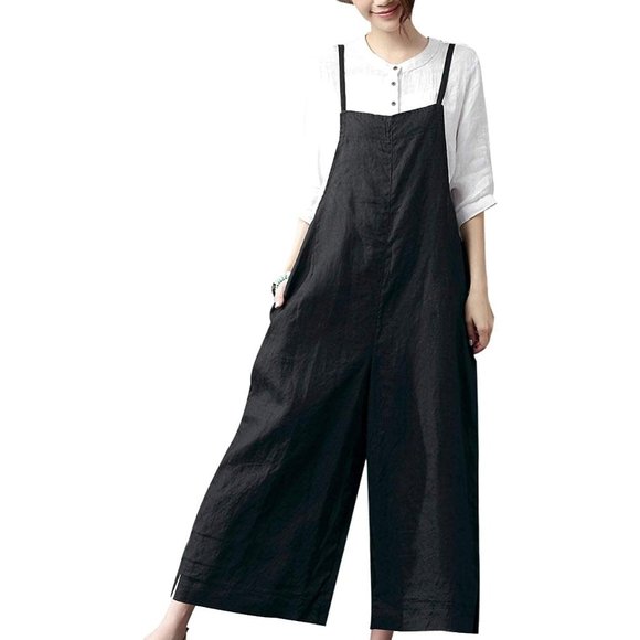 Women Black Casual Loose Long Bib Pants Wide Leg Jumpsuits - Picture 1 of 15